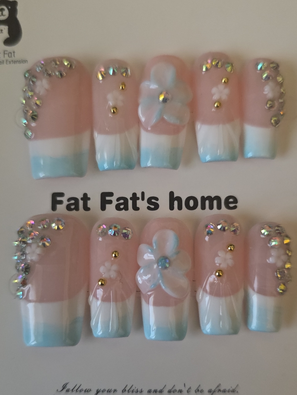 Pastel Blue Ombre Floral Rhinestone Press-On Nails Large 1 Set